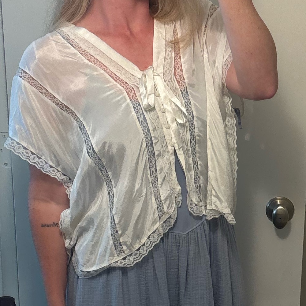 Free People Cream Lace-Trim V-Neck Peasant Blouse